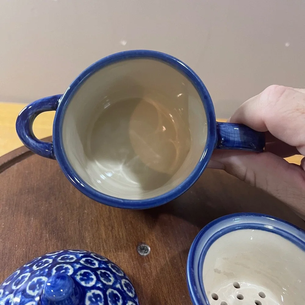 Vtg Polish Pottery Unikat Tea Infuser Mug Strainer Set Boleslawiec Blue Floral